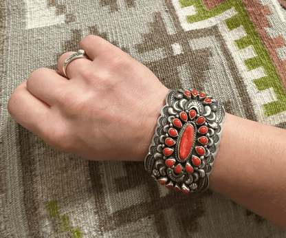 Wide Cuff with Red Coral and Spiny Oyster, Darryl Becenti - Turquoise Mustang