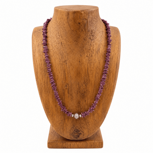 24" Purple Spiny Oyster Freeform Flat Bead Necklace with 12mm Vintage Corrugated Sterling Silver Saucer - Turquoise Mustang