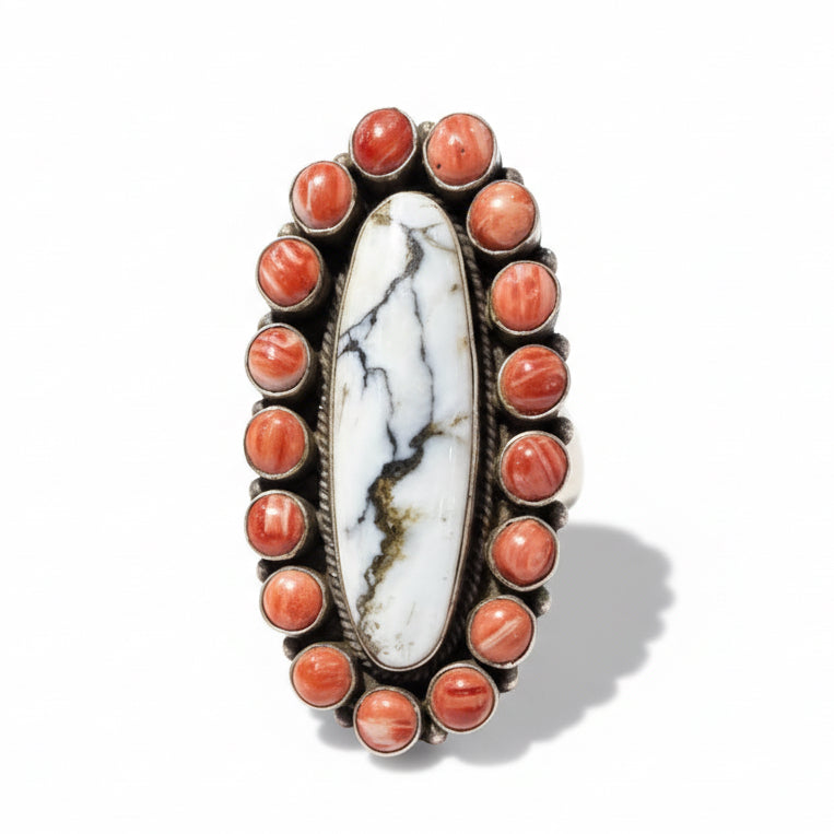 Ring, 18 Stone Cluster White Buffalo with Red Spiny Oyster bezel, Peterson Johnson - Turquoise Mustang