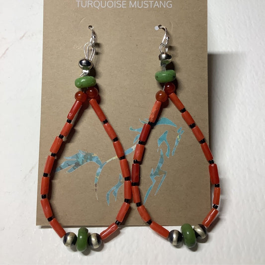 Earrings, Medium Loops w/ Coral Tubes/Green Jade/CAnelian/Navajo PEarls/Jet, Turquoise Mustang (1) - Turquoise Mustang