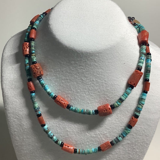 Necklace, 37" Turquoise heishi, Rough Med. Coral, Onyx, Turquoise Mustang - Turquoise Mustang