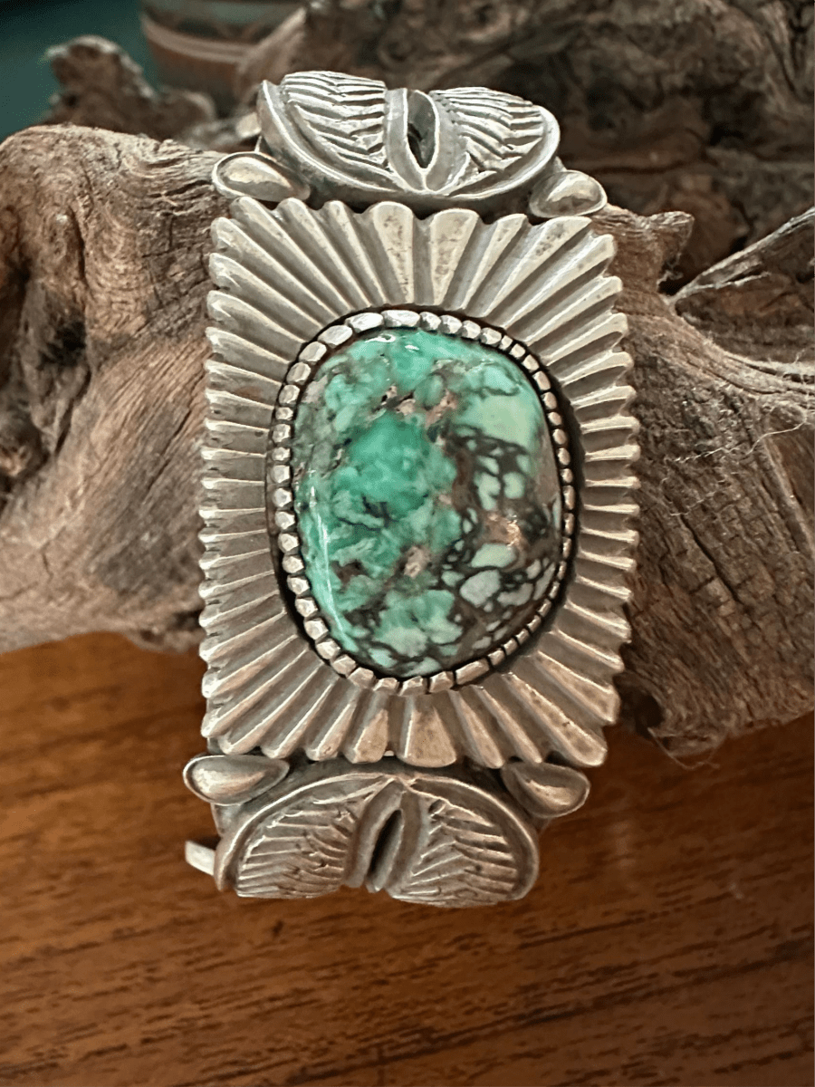 Heavy Stamped Sterling Silver Tufa Cast Cuff with Large Freeform Broken Arrow Cabachon, by Navajo Silversmith Kris Willie - Turquoise Mustang