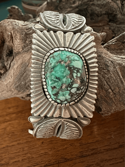 Heavy Stamped Sterling Silver Tufa Cast Cuff with Large Freeform Broken Arrow Cabachon, by Navajo Silversmith Kris Willie - Turquoise Mustang