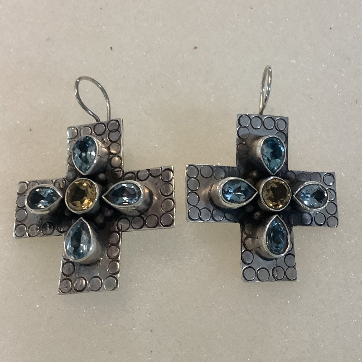 Earrings, Faceted Gemstones, Cross, Blue Topaz & Citrine, Hooks, DD (1) - Turquoise Mustang