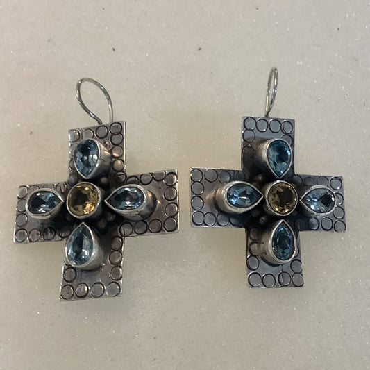 Earrings, Faceted Gemstones, Cross, Blue Topaz & Citrine, Hooks, DD (1) - Turquoise Mustang