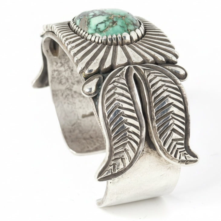 Heavy Stamped Sterling Silver Tufa Cast Cuff with Large Freeform Broken Arrow Cabachon, Kris Willie - Turquoise Mustang