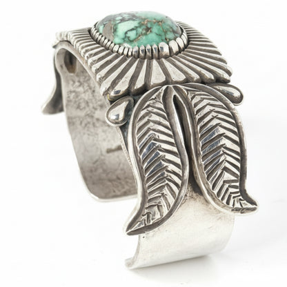 Heavy Stamped Sterling Silver Tufa Cast Cuff with Large Freeform Broken Arrow Cabachon, Kris Willie - Turquoise Mustang