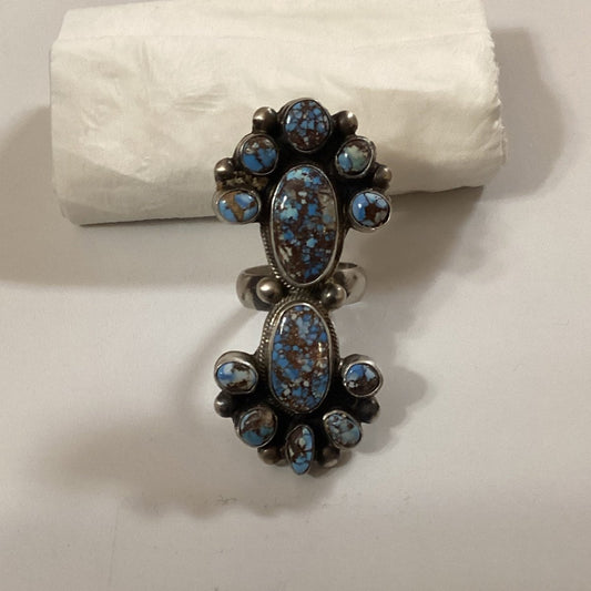 Ring, Golden Hills fine web, 12 stone double cluster, adjustable, Livingston - Turquoise Mustang