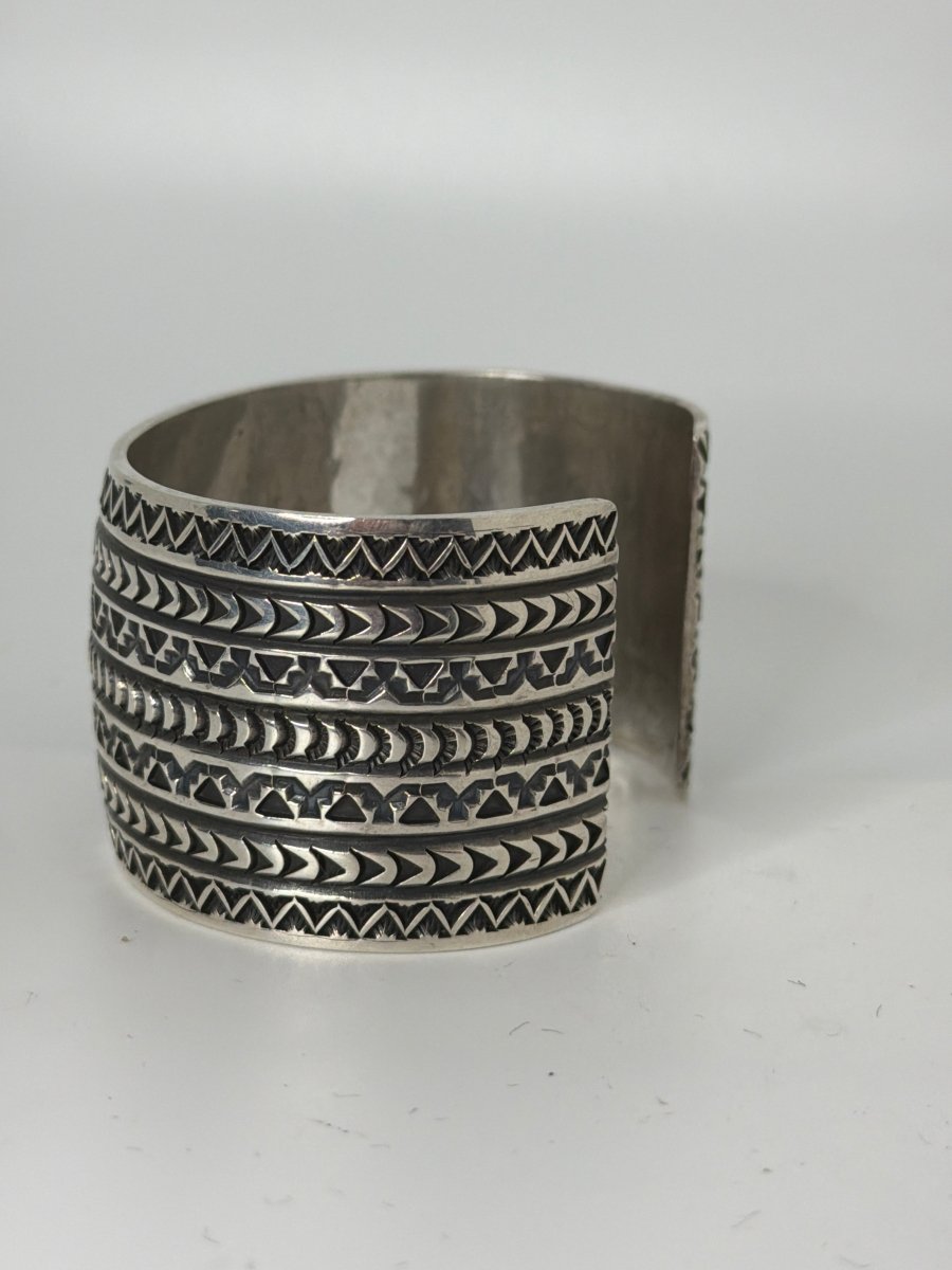 Solid Sterling Silver 7 - Row Stampwork Cuff Bracelet, D. Reeves - Turquoise Mustang