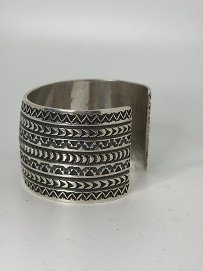 Solid Sterling Silver 7 - Row Stampwork Cuff Bracelet, D. Reeves - Turquoise Mustang