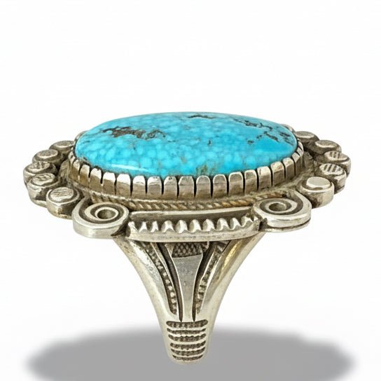 Ring, Large Oval Birdseye Kingman,Size 8.5 Calvin Martinez - Turquoise Mustang