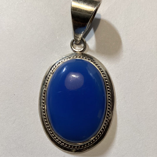 Pendant, Oval Blue Chalcedony, Rope Bezel, Darryl Becenti - Turquoise Mustang