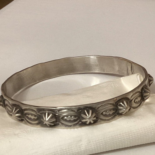 Bangle, Stamped w Peyote buttons, Chimney Butte - Turquoise Mustang