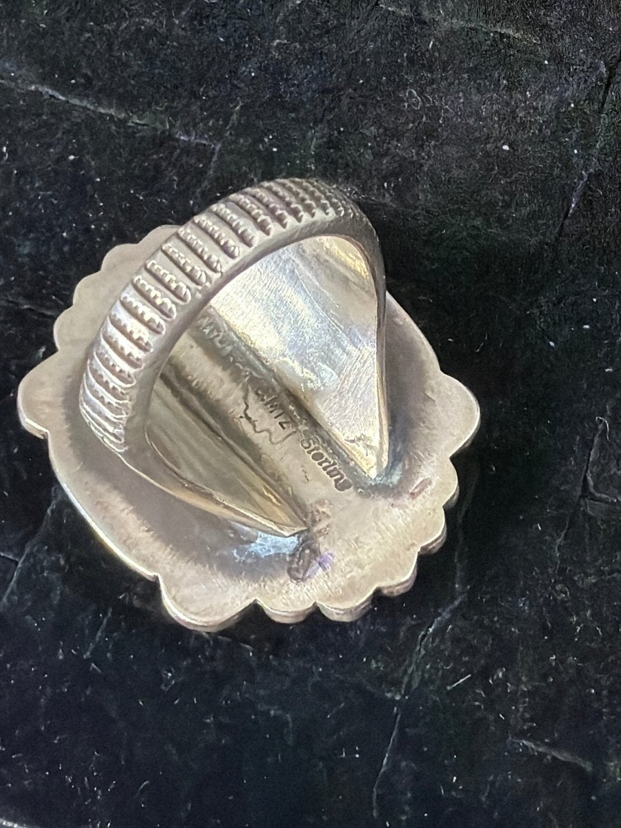 Ring, Large Oval Birdseye Kingman,Size 8.5 Calvin Martinez - Turquoise Mustang