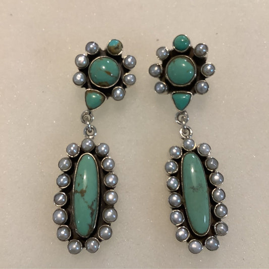 Earrings, Turquoise Pearl,Oval Cluster drop on Round Cluster Stud, DD - Turquoise Mustang