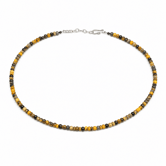 18” Round Bumblebee Jasper Necklace with Silver Pearl Ends – 5mm - Turquoise Mustang
