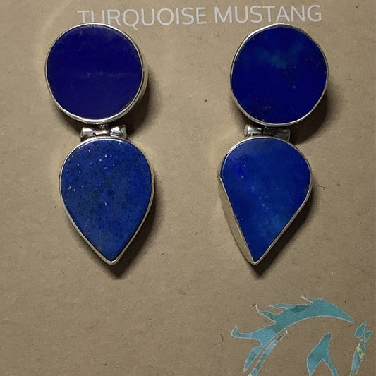 Earring, round Lapis posts, lapis teardrop dangles, unknown (1) - Turquoise Mustang