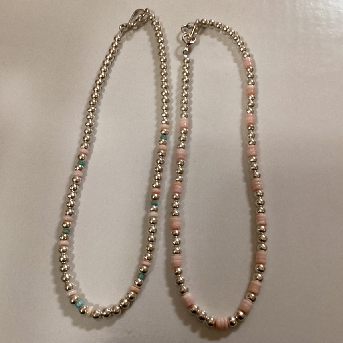 Necklace, 14" bright silver bench beads with pink conch and/or turquoise (Copy) - Turquoise Mustang