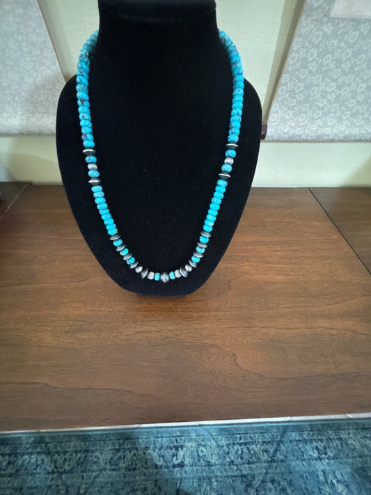 Necklace, 24” 10mm Sonoran Turquoise Rondelles w/ Benchmade Navajo Storyteller Beads and Navajo Pearls, Navajo - Turquoise Mustang