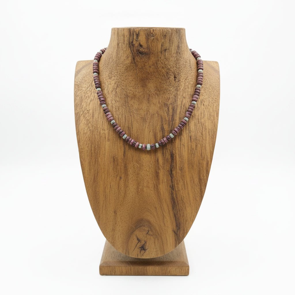 18" Purple Spiny Oyster Rondelle Necklace with Corrugated Sterling Silver Pearls - Turquoise Mustang