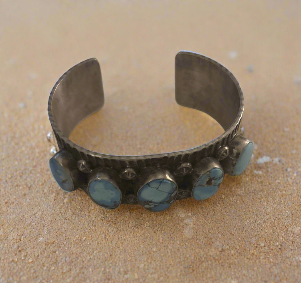 Bracelet, medium cuff, Golden Hills Turquoise, 5 oval freeform, Tillie John - Turquoise Mustang
