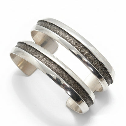 All Silver Split Racetrack Tufa Cast Cuff by Bennie Bowakaty - Turquoise Mustang