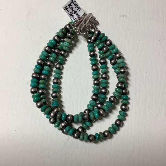 Bracelet, 4mm Navajo Pearls w Kingman, 4 - strand, Dan Dodson - Turquoise Mustang