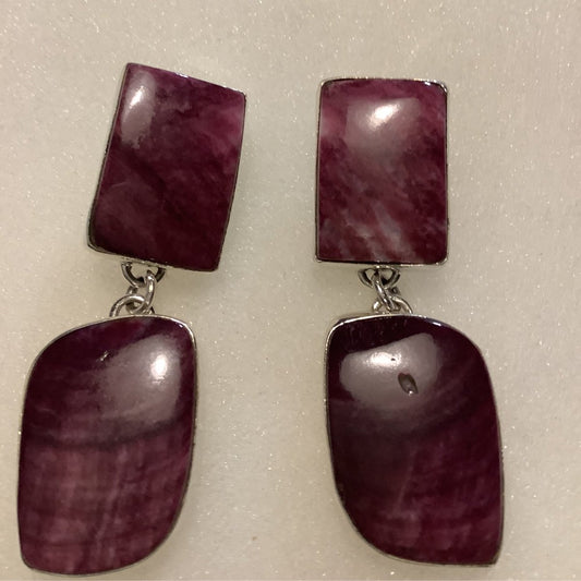 Purple Spiny Oyster Rectangle Studs with Freeform Spiny Oyster Drops - Turquoise Mustang