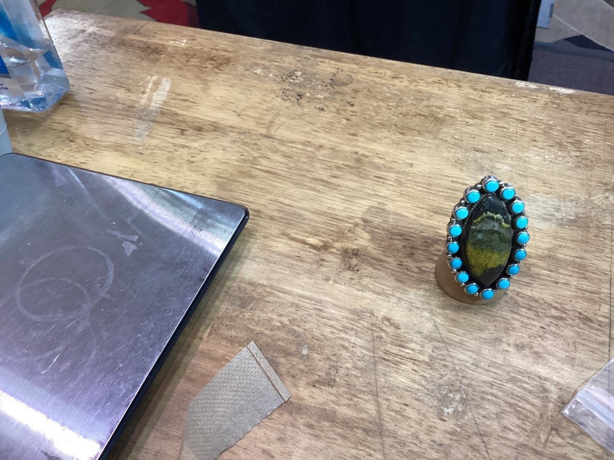 Bumblebee Jasper and Kingman Cluster Ring - Turquoise Mustang