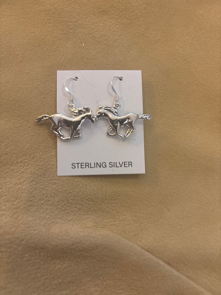 Earring, All Silver, cast mustang horses on hooks, - Turquoise Mustang