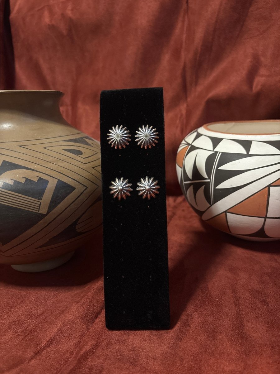 Earrings, All Silver, Peyote Button Concho Studs - Turquoise Mustang