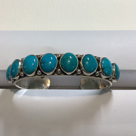 Bracelet, 8 stone, lg Oval BLUE Turquoise Cuff, DD - Turquoise Mustang