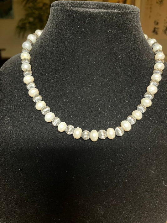 19” 12mm Freshwater Pearls and 10mm Corrugated Silver Pearls by TM - Turquoise Mustang
