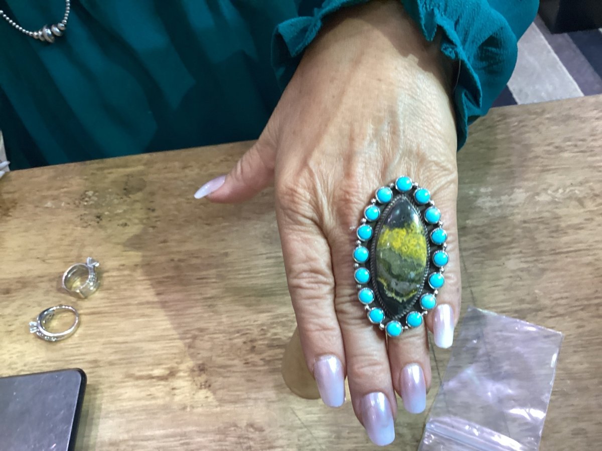 Bumblebee Jasper and Kingman Cluster Ring - Turquoise Mustang