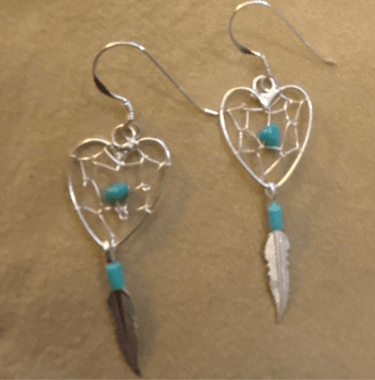 Earring, Heart Dreamcatcher w/ tq nugget & feather, - Turquoise Mustang