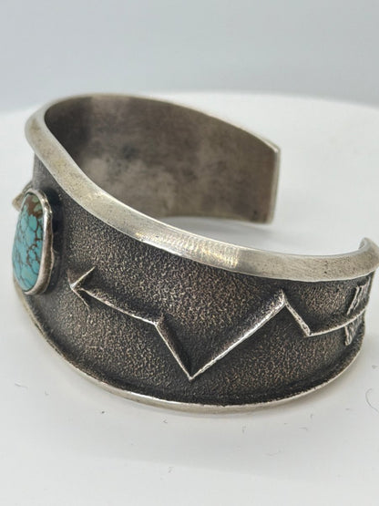 Stunning Tufa Cast Cuff with 8 Turquoise and Crooked Arrow motif by Arizona Anderson - Turquoise Mustang