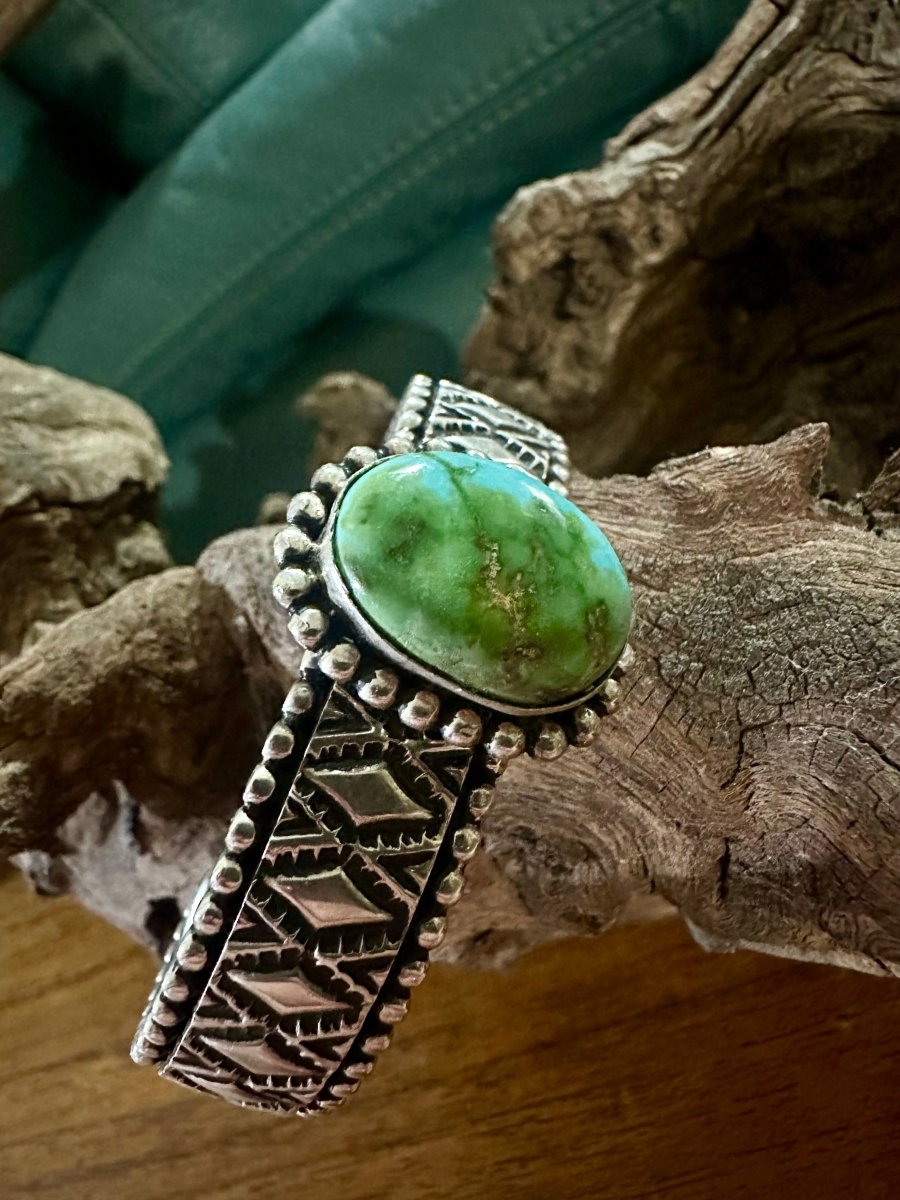 Ornate Deep Stampwork with Central Sonoran Gold Stone Cuff, by Johnathan Nez - Turquoise Mustang