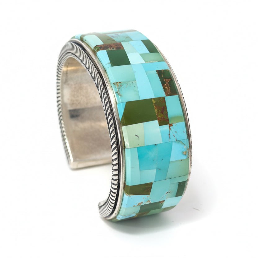 Multi-Mine Turquoise Mosaic Inlay Cuff by R. Bennett, Navajo - Turquoise Mustang
