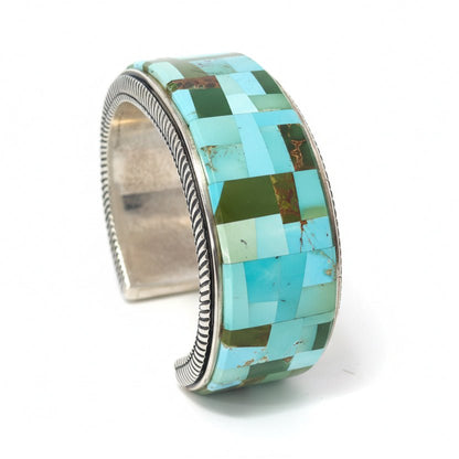 Multi-Mine Turquoise Mosaic Inlay Cuff by R. Bennett, Navajo - Turquoise Mustang
