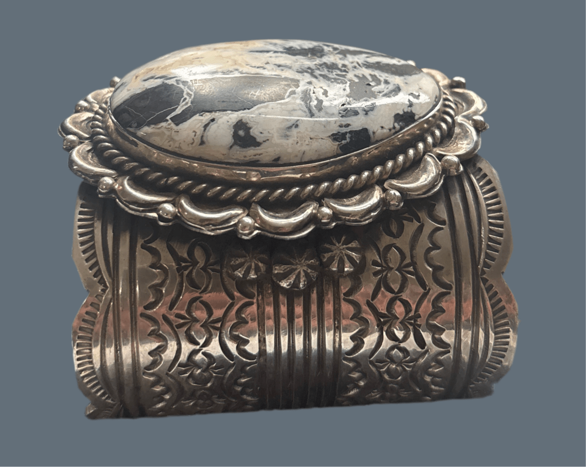 Extra wide cuff, White Buffalo Oval, in Heavy Gauge Sterling Silver by Chris Yazzie - Turquoise Mustang