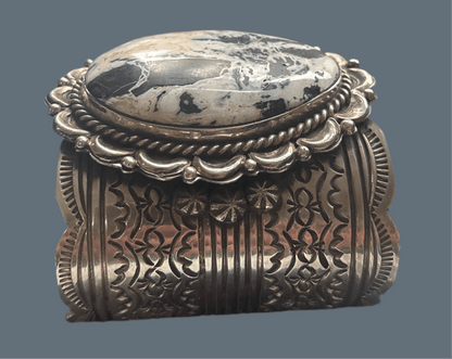 Extra wide cuff, White Buffalo Oval, in Heavy Gauge Sterling Silver by Chris Yazzie - Turquoise Mustang