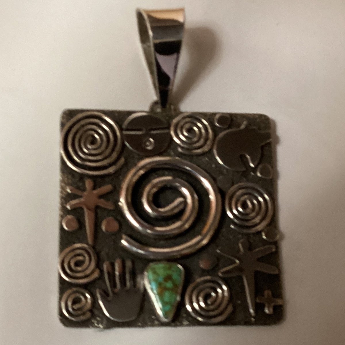 Large Square Story Symbol Pendant with Royston Turquoise by Alex Sanchez - Turquoise Mustang