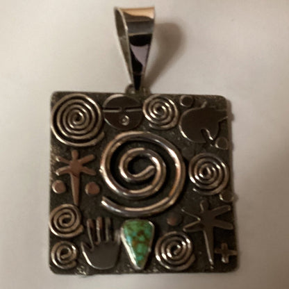 Large Square Story Symbol Pendant with Royston Turquoise by Alex Sanchez - Turquoise Mustang