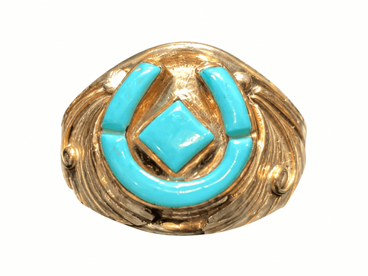 Vintage Horseshoe Turquoise Men's Ring, Navajo, Size 12.75 - Turquoise Mustang