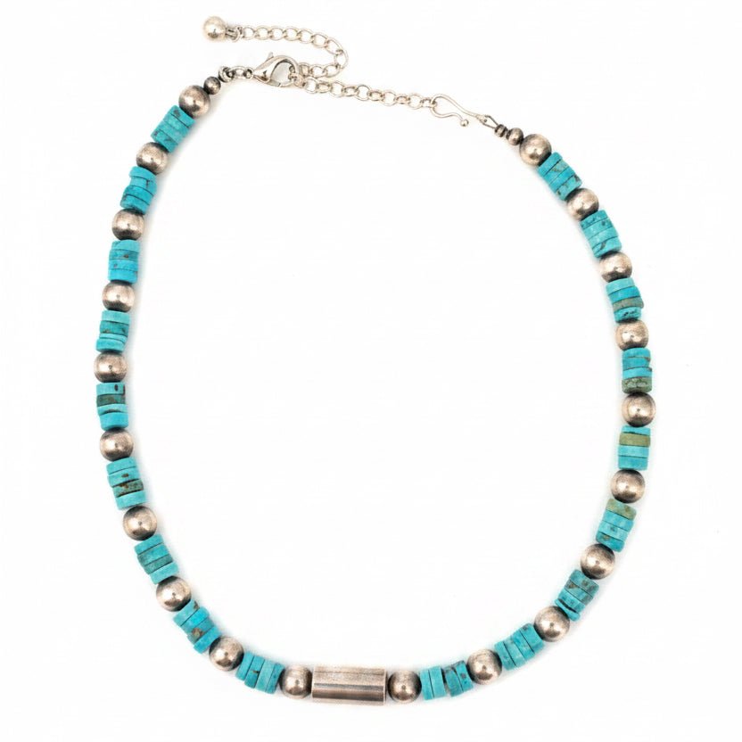 Blue-Green Turquoise Heishi Necklace with Sterling Silver Rondelles - Turquoise Mustang