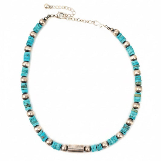 Blue-Green Turquoise Heishi Necklace with Sterling Silver Rondelles - Turquoise Mustang