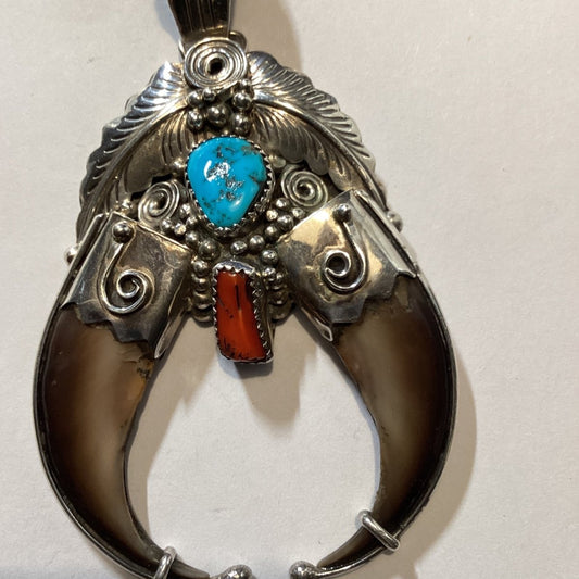 Pendant, Traditional Dual Bear - Claw with Coral and Turquoise, Juan C Yazzie - Turquoise Mustang