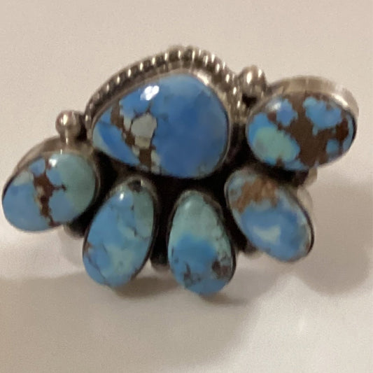 Ring, Golden Hills, 6 stone cluster, rope bezel, adjustable, Peterson Johnson - Turquoise Mustang