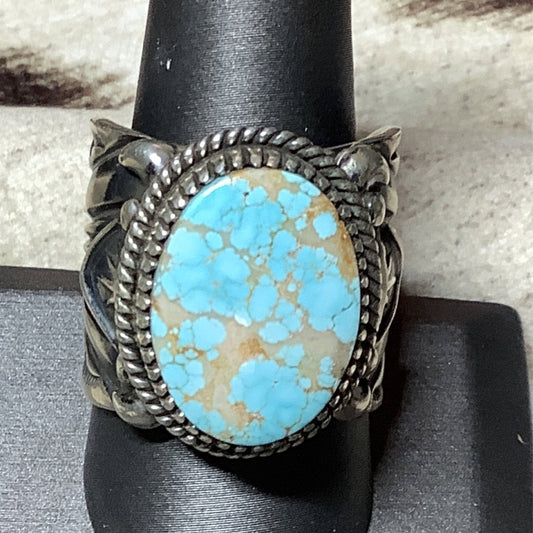 Ring, Oval 8, wide stampwork shank, Delbert Gordon - Turquoise Mustang