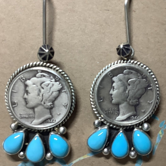Earring, Mercury Dime and 3 - teardrops SB dangles, Darryl Cadman - Turquoise Mustang